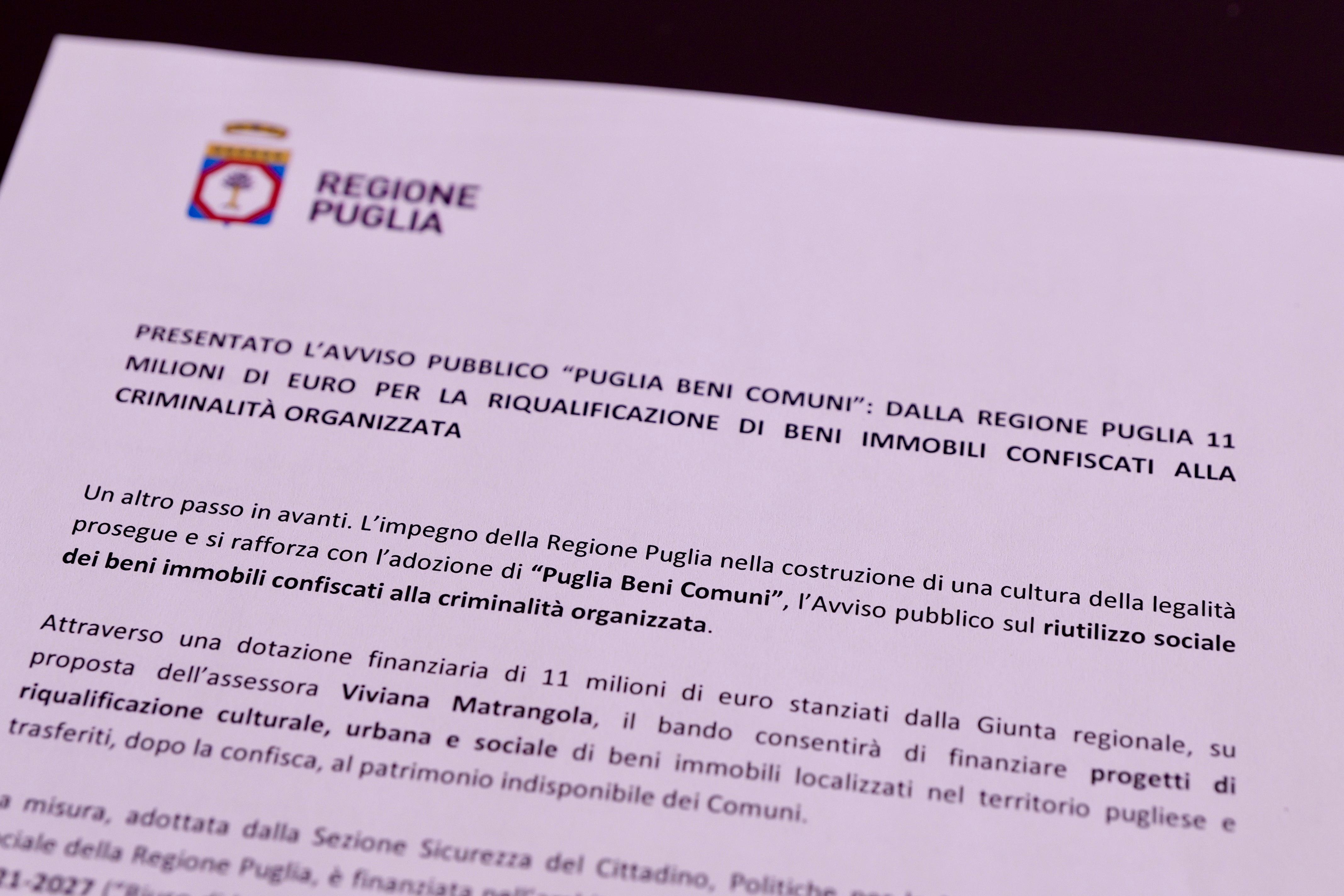 Galleria Presentato l’Avviso Pubblico “Puglia Beni Comuni”: dalla Regione Puglia 11 milioni di euro per la riqualificazione di beni immobili confiscati alla criminalità organizzata - Diapositiva 4 di 6