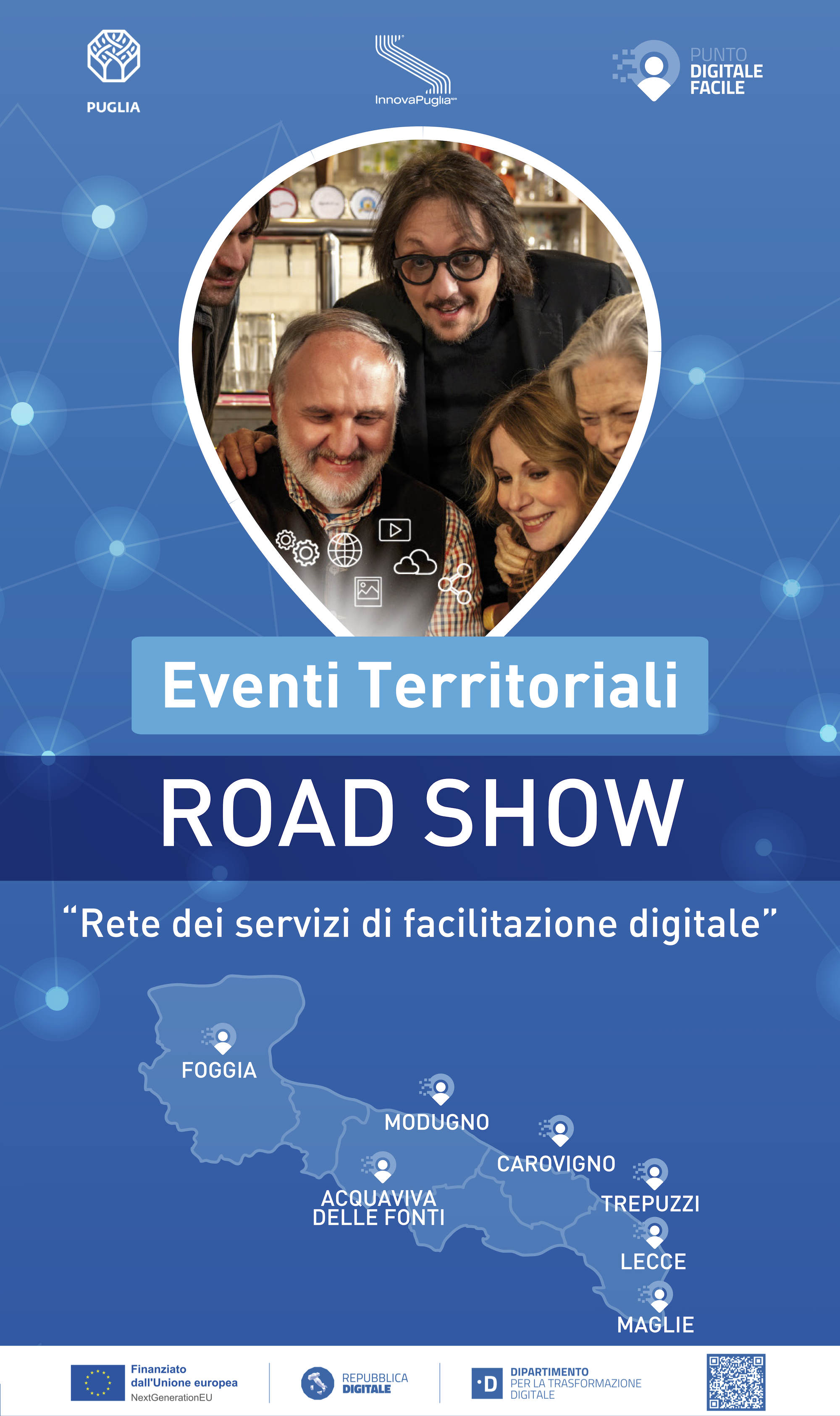 Immagine con la grafica del progetto, i loghi istituzionali e con la mappa indicante le sette tappe del roadshow
